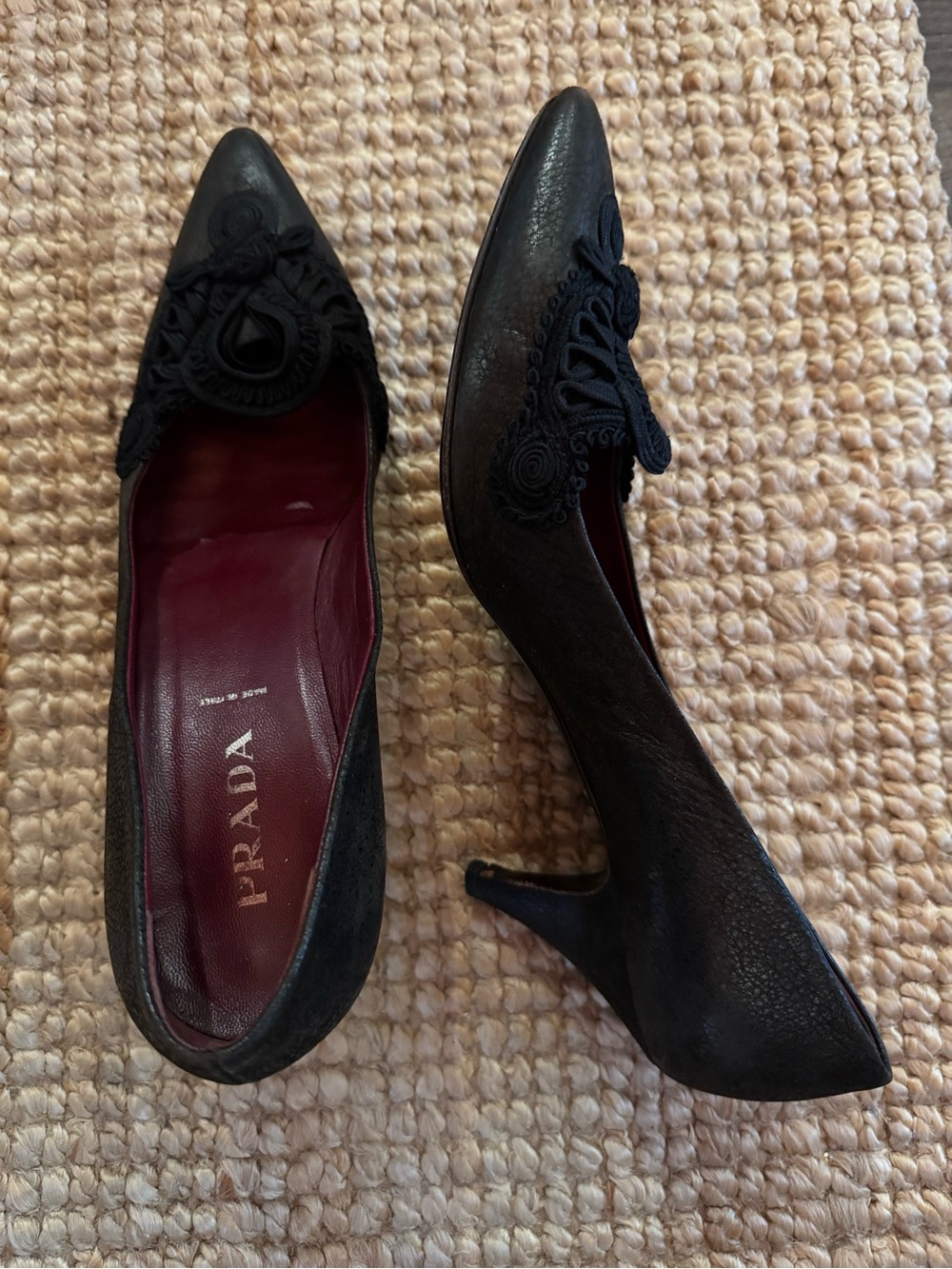 Prada Black Pointed Toe Heels with Embroidered Decorative Trim